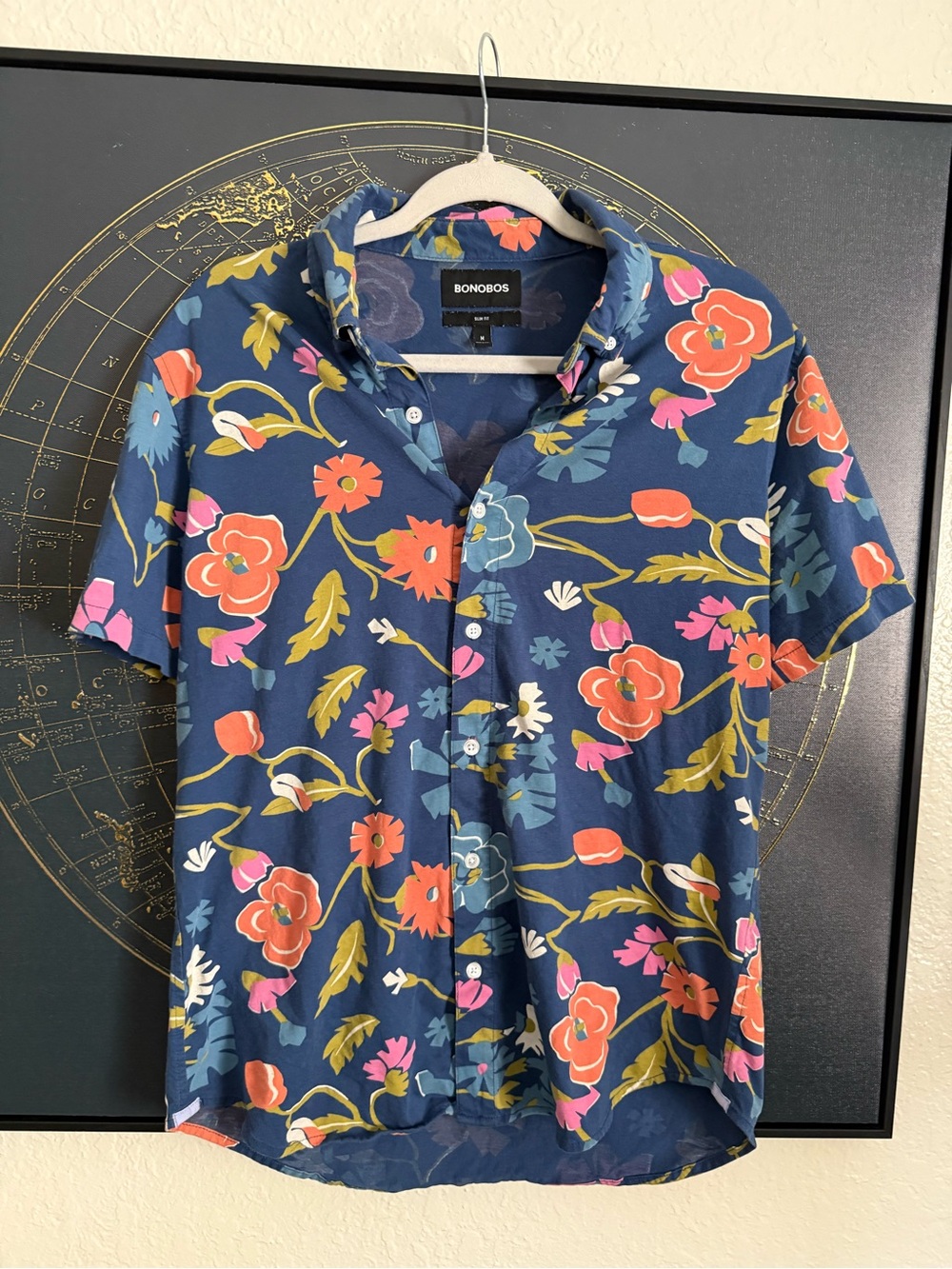 Bonobos Navy Floral Short-Sleeve Button-Down with Coral & Pink Blooms